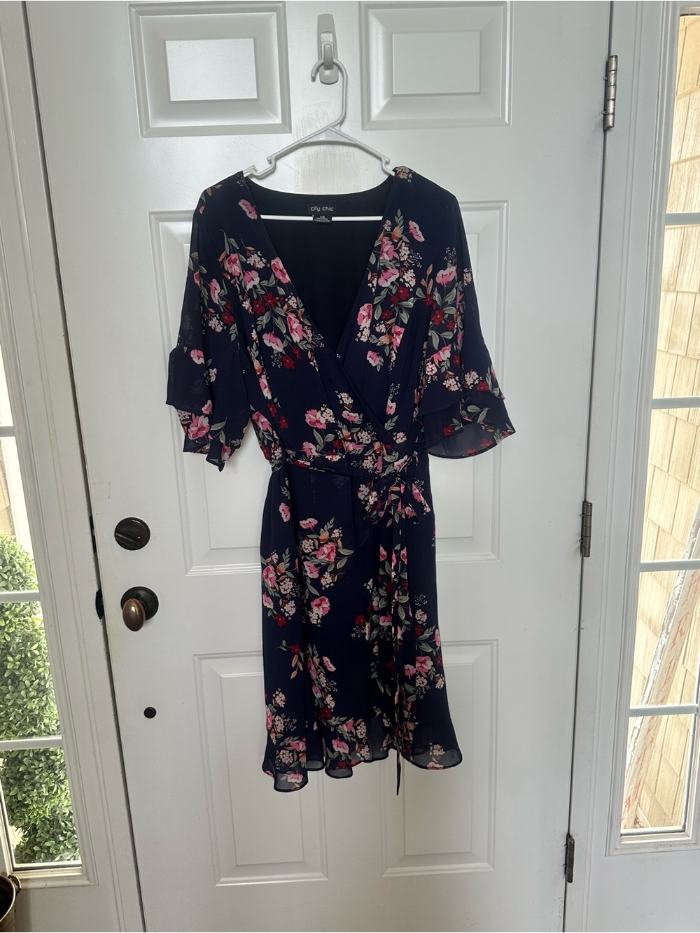 City Chic Navy Floral Wrap Midi Dress with Pink Blossoms